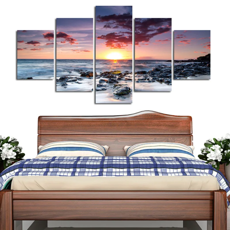 

5 Pieces Modern Wall Art Seaview Landscape Canvas Painting Sunset At Sea Wall Pictures Home Decor Sea Beach Stone Oil Painting