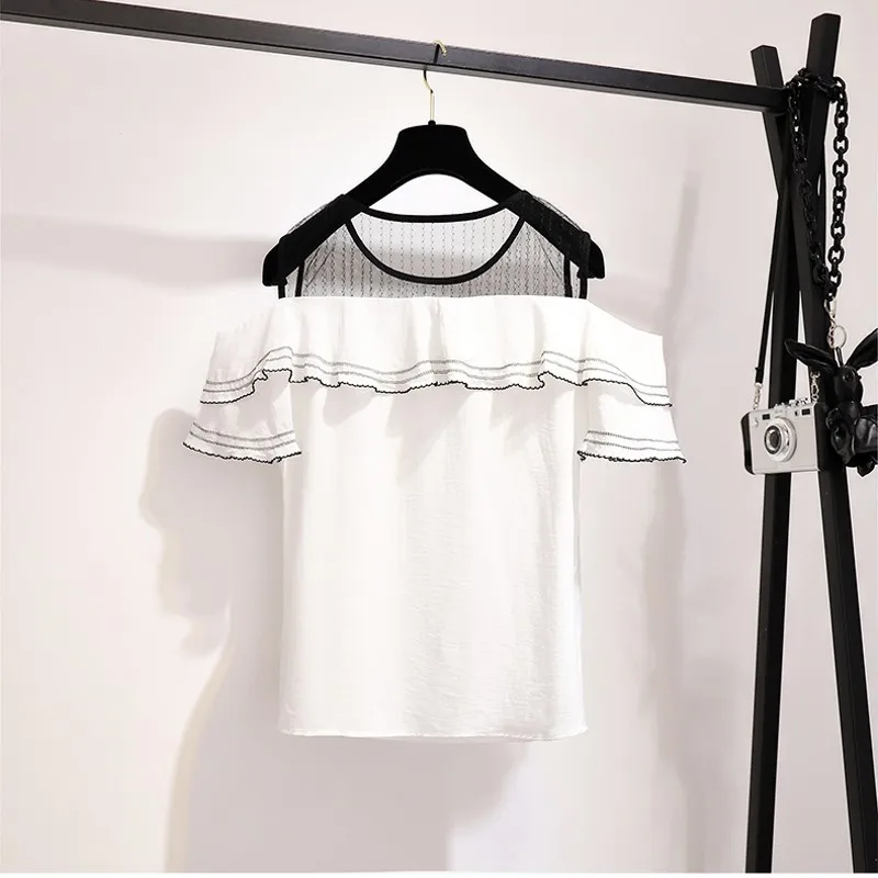 

2 piece set women skirt and white top Off Shoulder Crop Top Womens Casual Summer 2 Piece RUFFLES Outfits for Women 2019