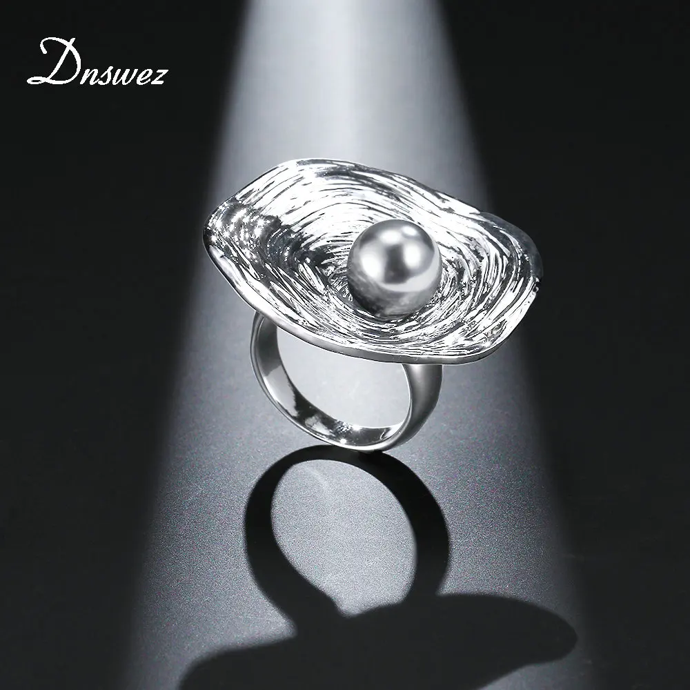 Dnswez Big Round Ring for Women Retro Silver Color with Black Pearl Decoration Geometric Gift Jewelry Bijouterie R1990 | Украшения и