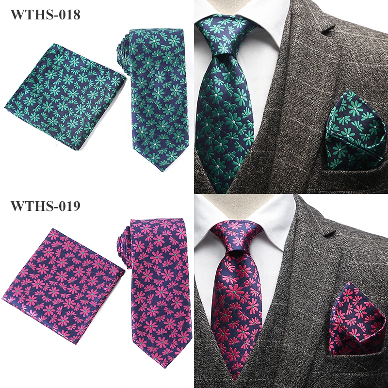 Tailor Smith Necktie and Hankerchief Set Dot Animal Wolf Shark Floral Tie Set 7.5CM Microfiber Woven Suit Tie with Pocket Square