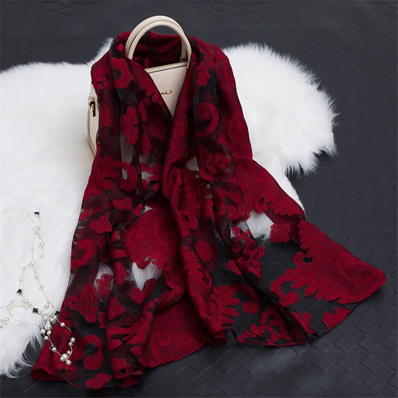 2019 hot sale silk scarf womens summer breeze lightweight sheer wrap and shawls bandana beach organza gauze lace hollow |