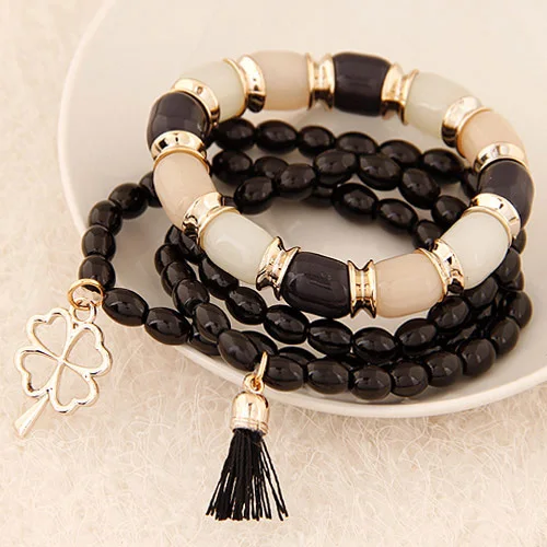 black Lemoer из богемского стекла модные плетеные бусы из четырехлистного клевера, браслеты с кисточкой и кольцеобразные браслеты Эластичный браслет с шармами ювелирных изделий для Для женщин - Окраска металла: black