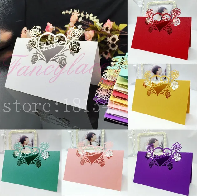

50pcs Rose with Heart Sweets Name Place Cards Table Cards Laser Cut Hollow Card Invitation Card Wedding Decoration Free Shipping