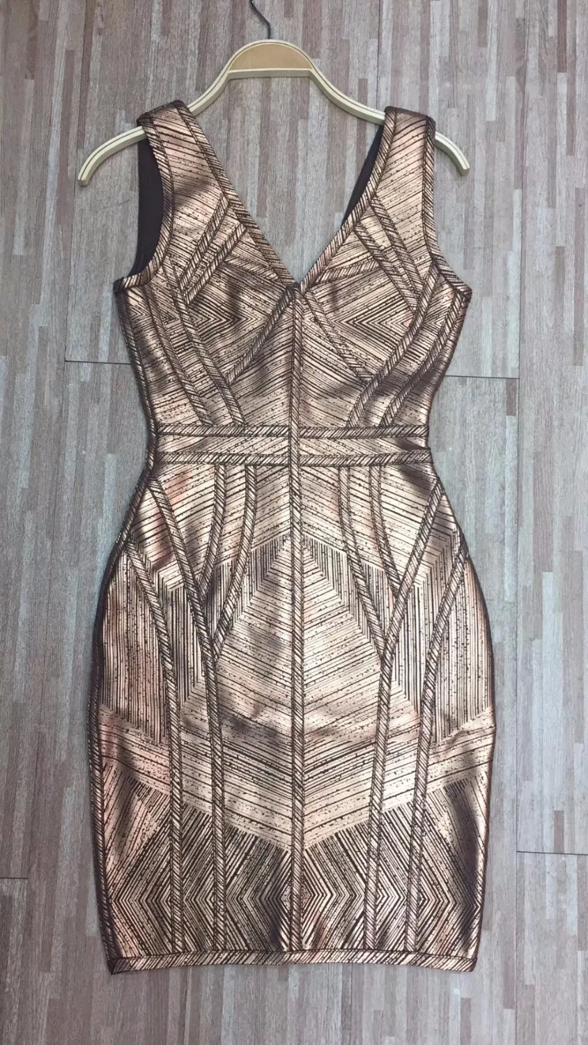 Women Gold Brown Blue Red Bandage dress New Arrival V-Neck Sleeveless Vestidos Celebrity evening Party Bodycon dresses