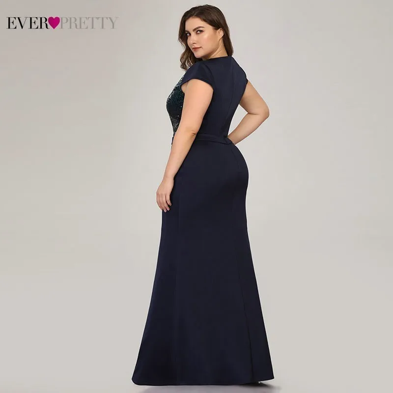 Plus Size Sequined Mermaid Long Prom Dresses 2020 Ever Pretty V-Neck Short Sleeve Elegant Women Party Vestidos De Gala | Свадьбы и