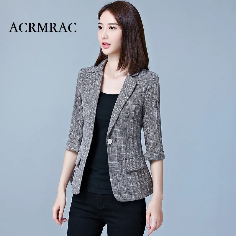 

ACRMRAC Women Three Quarter sleeve Plaid Slim Single Button Casual Blazers jacket