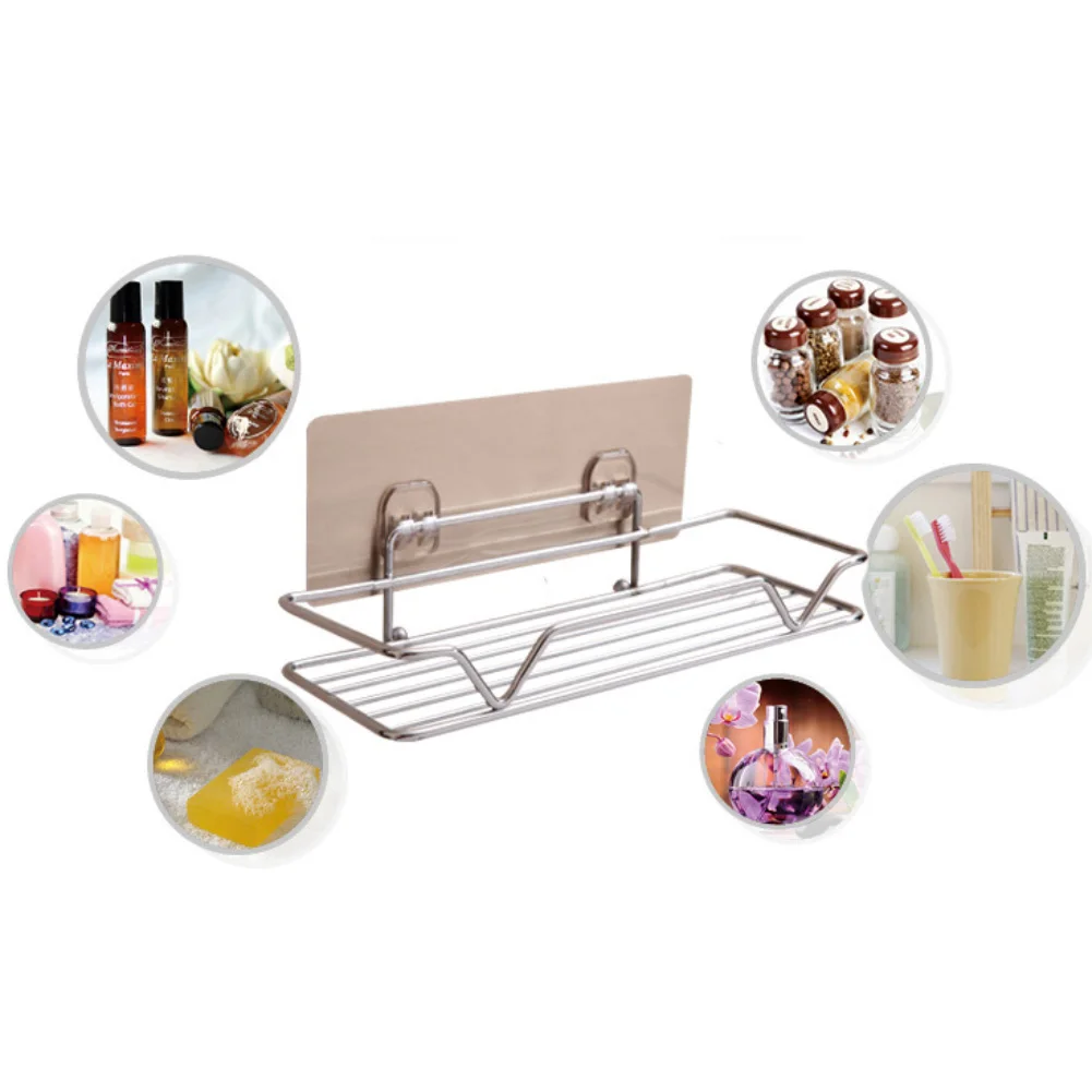 Bathroom Rack Shelf Stainless Steel Wall Mounted Adhesive Storage No Drilling Shampoo Holder Kitchen | Обустройство дома