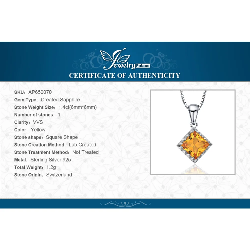 Jewelrypalace классический 1.4ct квадратный желтый создан сапфир пасьянс кулон 925 Silve
