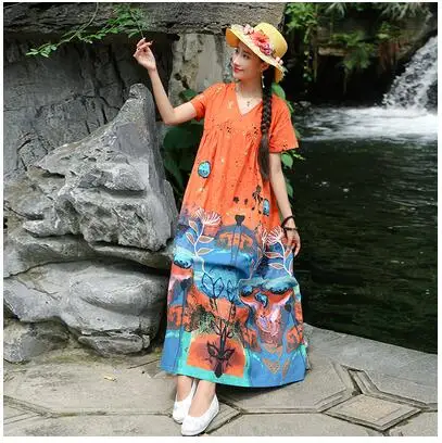 013 Plus Size Women Vintage Dress Summer Autumn Sundress Cotton Linen Vestidos Lady Long Dresses Print Floral Loose Casual Dress - Цвет: 013