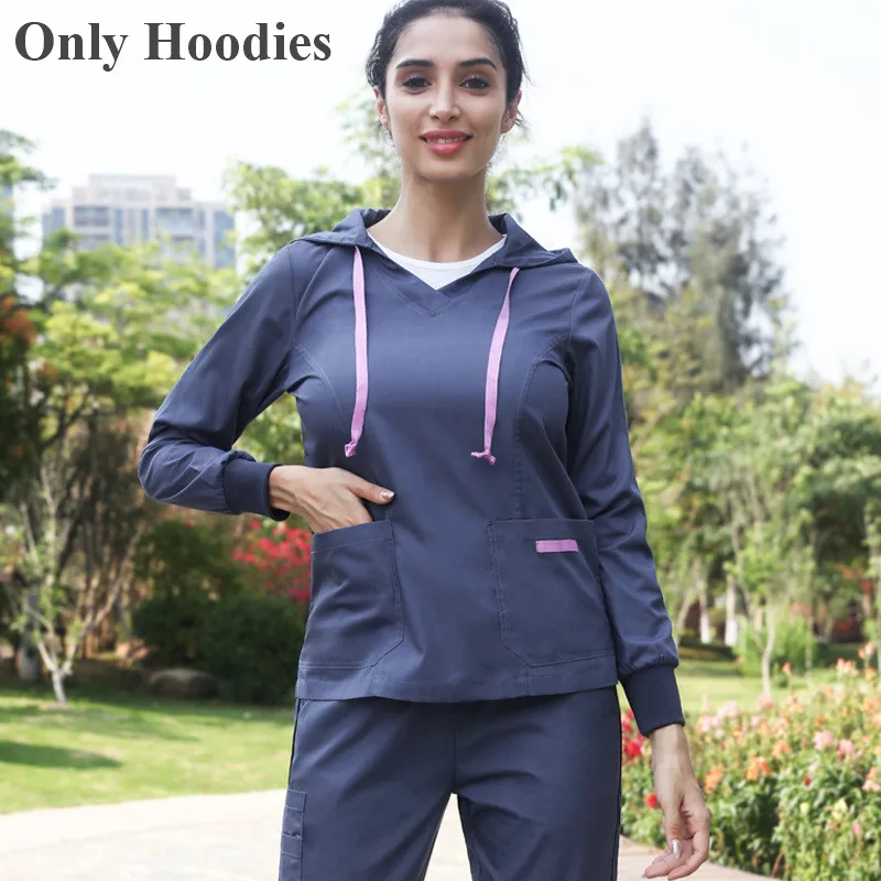 Gray Medical Hoodies Nurse Top Uniform Warm Up Hospital Hoodies Sport 3 Colors Long Sleeve Doctor Tops Knitted Cuffs Infinity Tops - Цвет: Gray