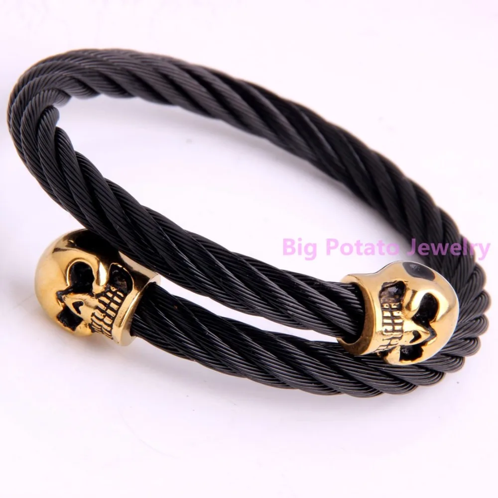 Top Hot Sell 316L Stainless Steel Black Wire Gold Skull Bracelet Bangle 55mm Inner 6mm Width Cool Mens Wrist Jewelry Low Price | Украшения