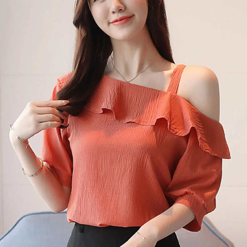 Женская шифоновая блузка с открытыми плечами в Корейском стиле белая и оранжевая