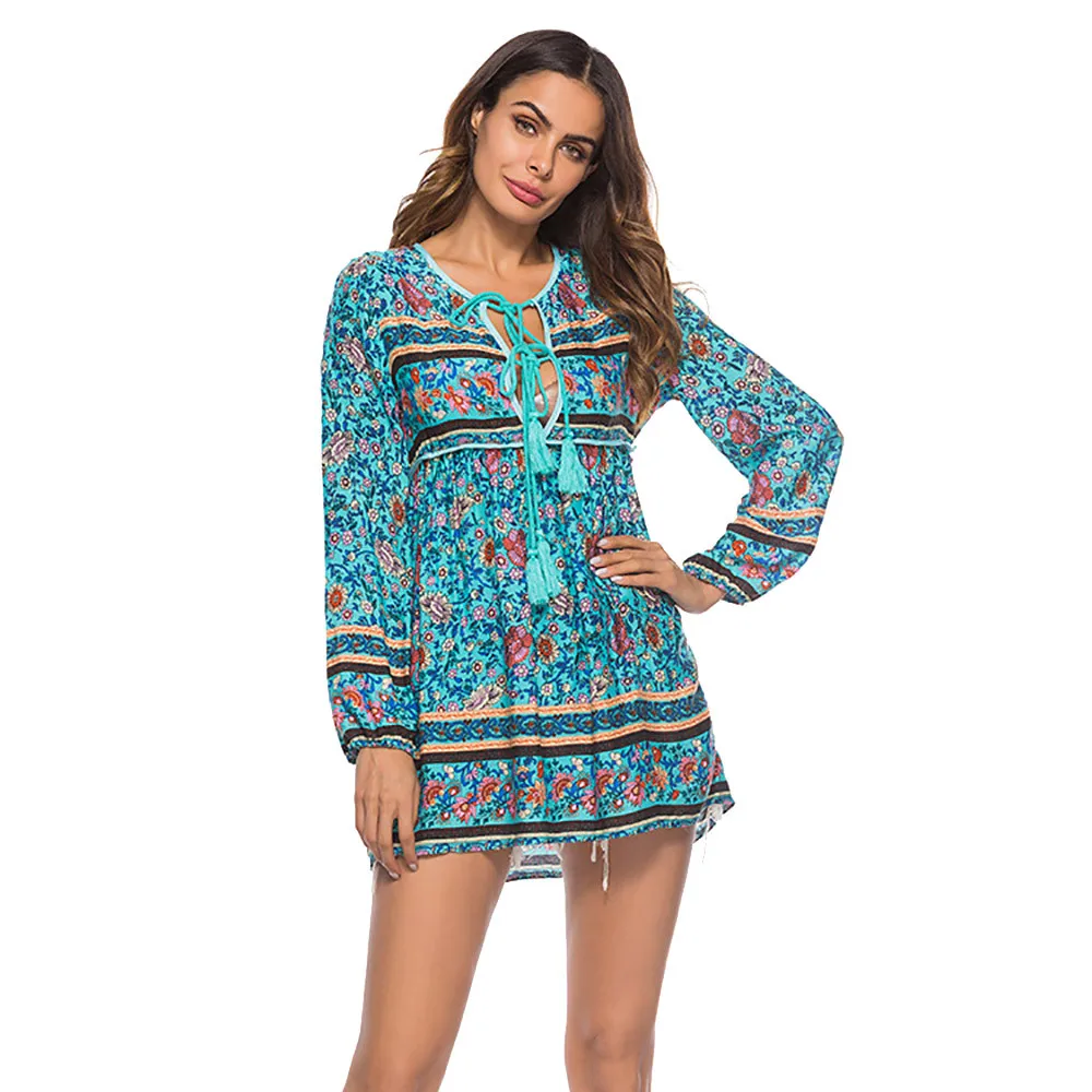 

Sexy Mini Dress Summer Printing Floral Dresses Pop Causal Loose Dress Long Sleeve Drawstring V-Neck Autumn Sukienki