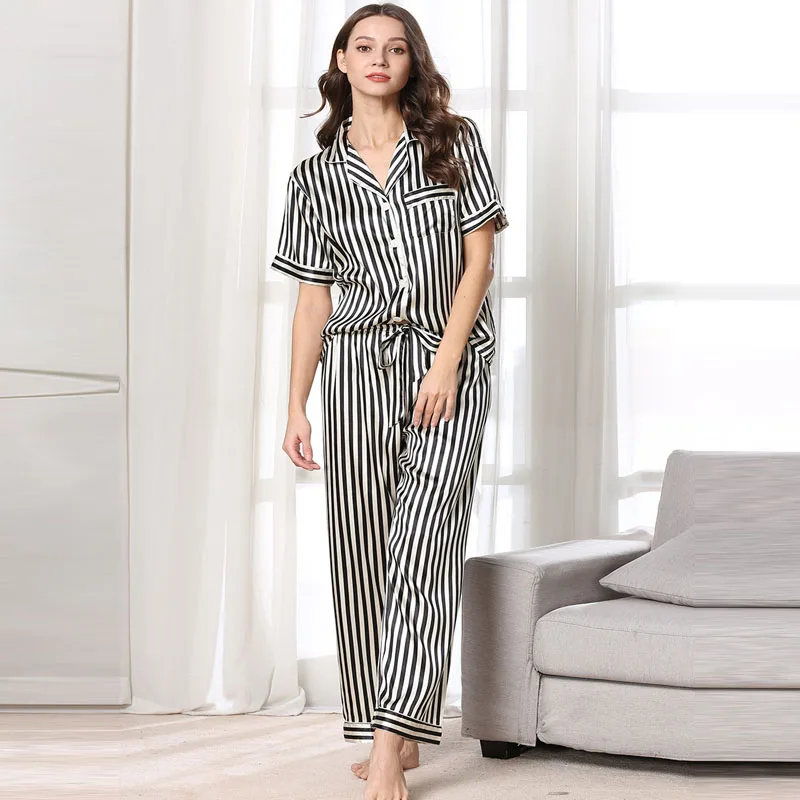 black white set Fiklyc нижнее белье с коротким рукавом женские атласные пижамы наборы длинные брюки пижамы наборы для женщин дамы Красивая Домашняя одежда Горячая - Цвет: black white set