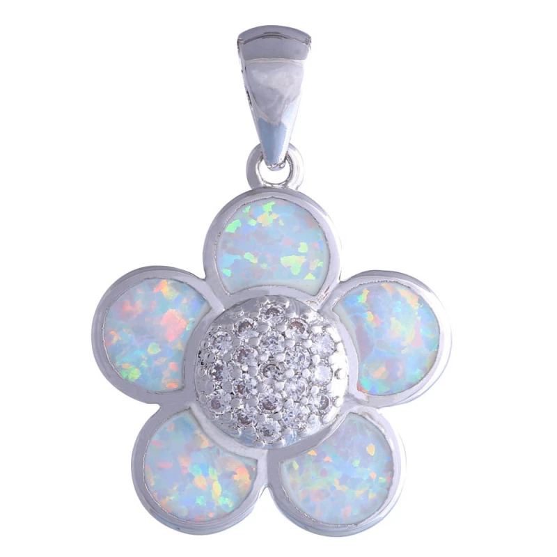 

High Quality Suppliers Silver Color Jewelry Flower White Cubic Zirconia White Fire Opal Pendants P058