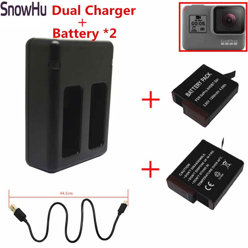 

SnowHu for New 2x 1220mAh + Dual Charger For Gopro Hero 7 6 5 Batteries for Go Pro Hero 7 6 5 Action camera Accessories GP508B