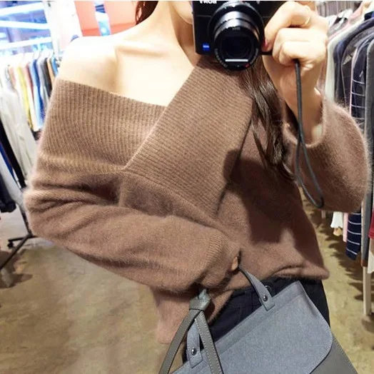 Autumn winter women pullovers long sleeve casual sweater Mink Cashmere women's v-neck strapless knitwear | Женская одежда