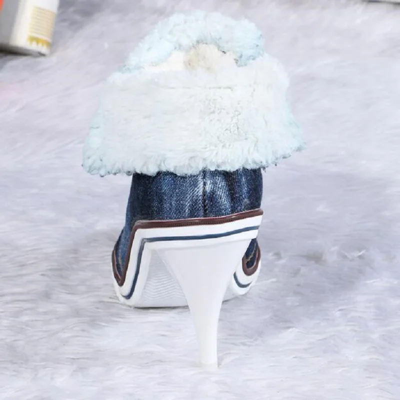 Женские ботильоны из джинсовой ткани с острым носком на шнуровке теплые женские