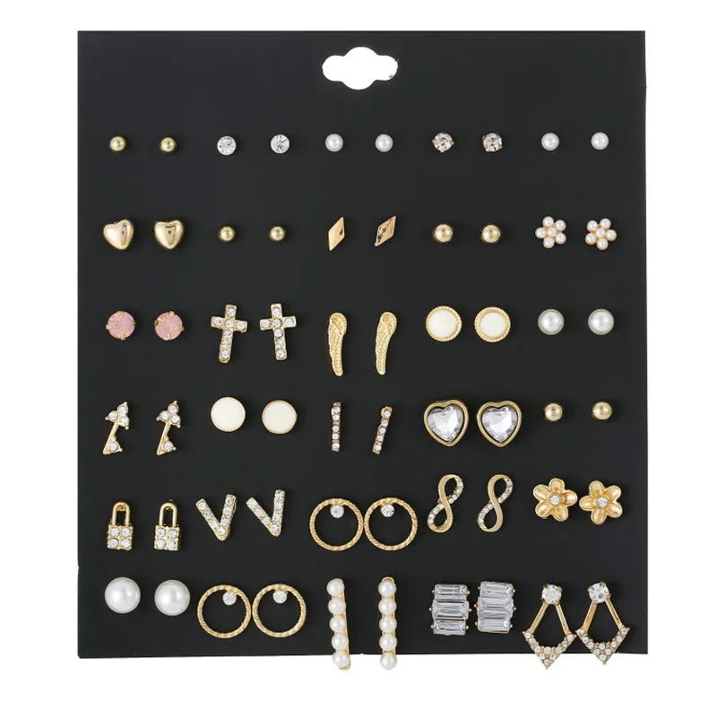 30 пар/лот женские серьги гвоздики микс сердце замок крест геометрические