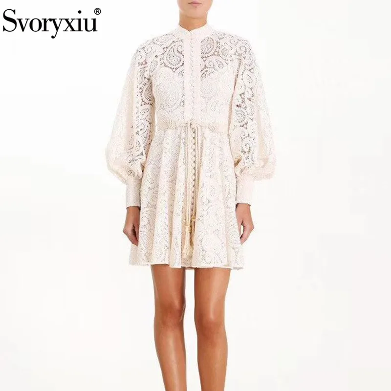 Женское элегантное ажурное платье Svoryxiu, белое короткое вечернее кружевное платье с рукавами-фонариками и вышивкой на лето