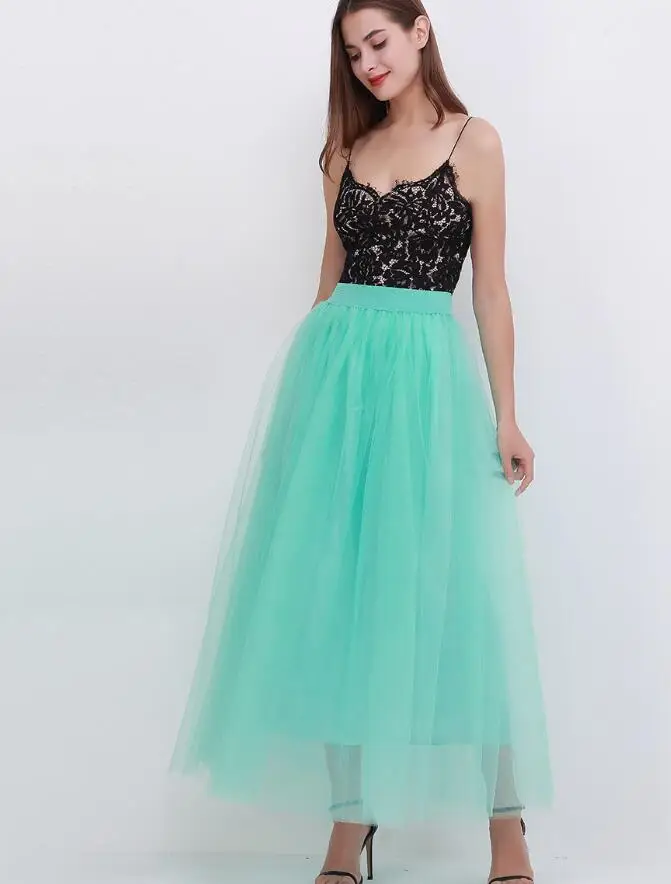 Mint Green 4 слоя 100 см Длина до пола юбки для женщин Элегантная Высокая талия плиссированная Тюлевая юбка подружки невесты бальное платье одежда для подружки невесты - Цвет: Mint Green