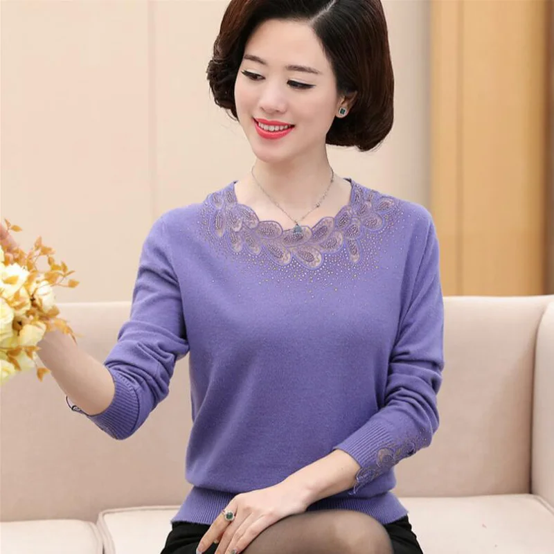 Spring sweater 2018 new Middle-aged Openwork O neck Sweater fashion Loose long sleeves Plus size 3XL winter LY744 | Женская одежда