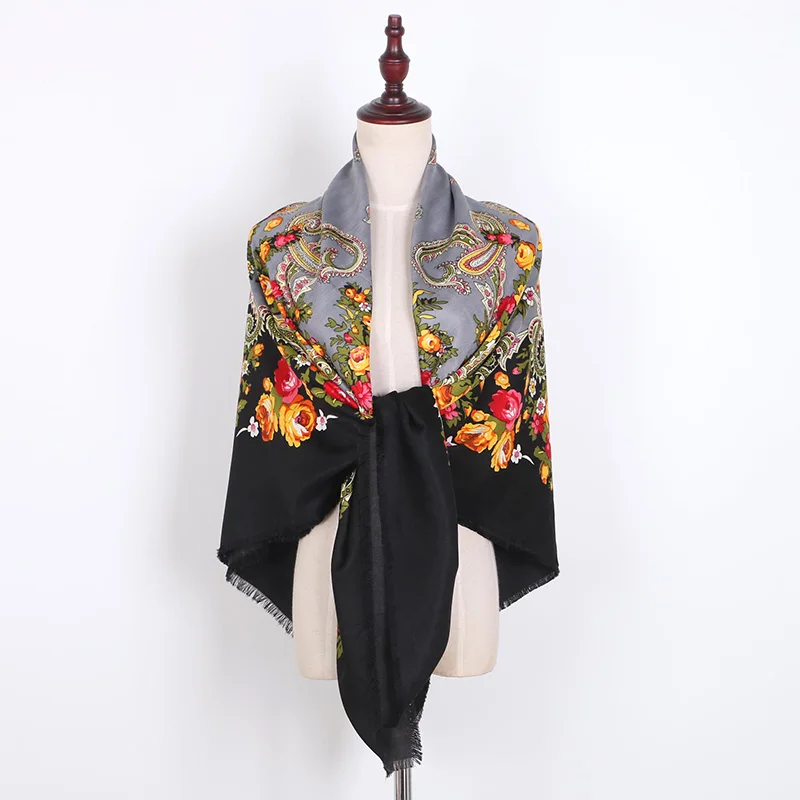 [FAITHINK] 140cm Women Square Travel Scarf Shawl Lady Traditional Floral Designer Wrap Stole Winter Warm Poncho Cotton scarf | Аксессуары