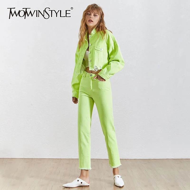 TWOTWINSTYLE Летний джинсовый комплект из двух предметов женские куртки с длинным