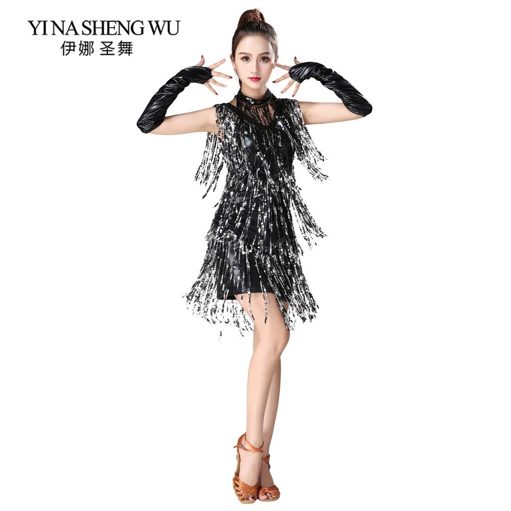 

Latin Dance Clothes Women Sequin Fringed Latin Dance Stage Performance Competition Dress Salsa Dance Costume With Glove Necklace