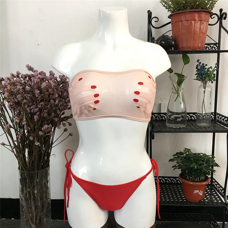 2018 Bikinis Sexy See through Pink Palm Print Bikini Top Tie Side Bottom For Women Split Swimsuit Swimwear Bathing Suit|bikini for women|bikini