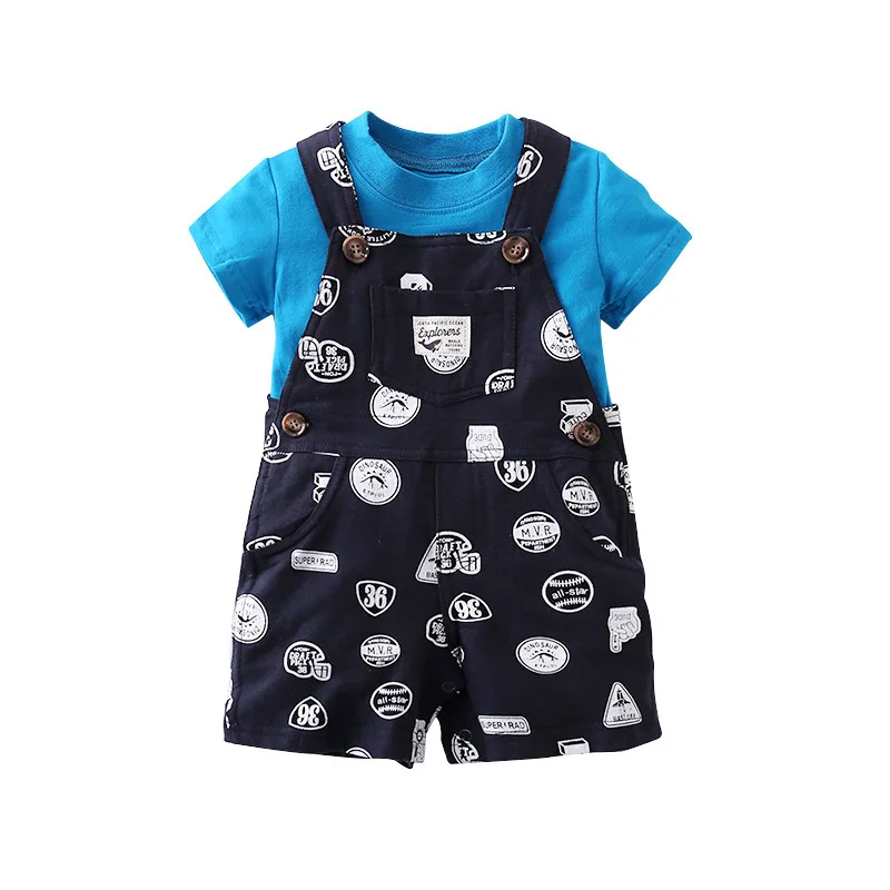 New Arrival 100%cotton Baby Set Clothes 2018 Boy Clothing Blue Short Sleeves T Shirt+overalls Fashion Summer |