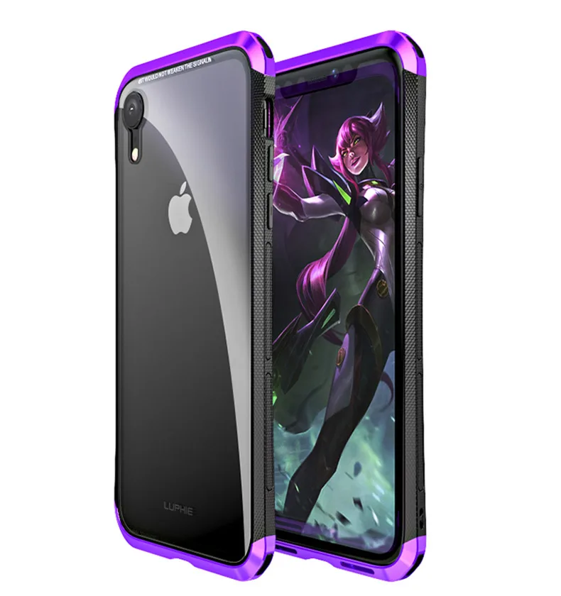 LUPHIE алюминиевый бампер чехол для iPhone X XS Max XR XS Роскошный Жесткий металлический каркас для iPhone 6 6 S закаленная задняя сторона противоударный - Цвет: black purple