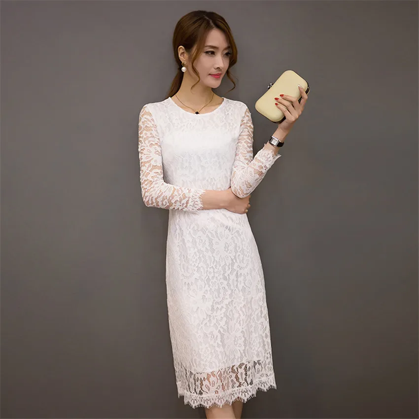 

New Spring Autumn Elegant Women Dresses Female O-Neck Long Sleeve Bodycon Lace Dress Ladies Long Slim A-line Dress Bottoms WZ063
