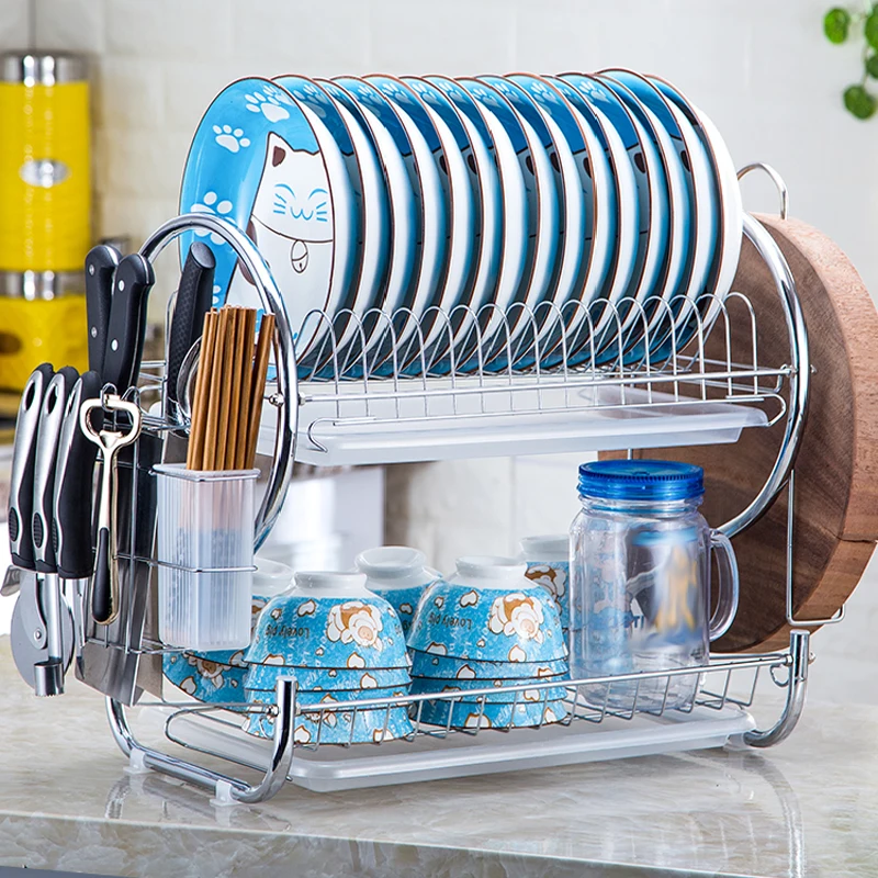 

S-Shaped Dish Rack Set 2-Tier Stainless Plate Dish Cutlery Cup Rack With Tray Steel Drain Bowl Rack Kitchen Shelf Organizer