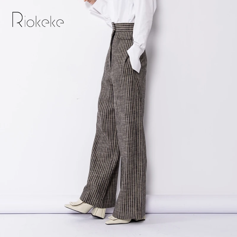 Riokeke/Винтажные льняные полосатые широкие женские брюки с высокой талией