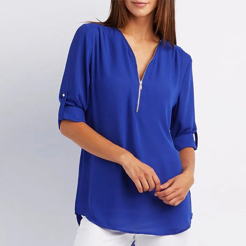 Plus Size 5XL Solid Zipper Shirt Loose Long Sleeve Chiffon Blusas Tops New Women Sexy V Neck Ladies Casual Summer Blouses Mujer