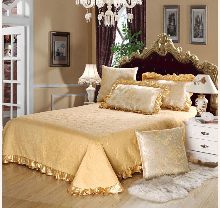 high quality golden 6pcs silk bedding sets satin comforter cover puffy bed sheet pillowcases shams tencel spread 5603 | Дом и сад