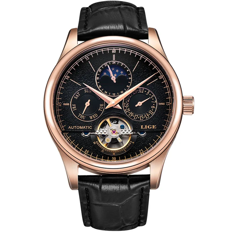 gold black LIGE, Брендовые мужские часы, автоматические механические часы, Tourbillon, спортивные часы, кожаные, повседневные, деловые, наручные часы, золотые, Relojes Hombre - Цвет: gold black
