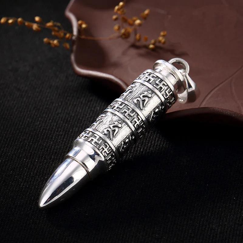 

S990 Sterling Silver bullet Pendants Tibetan Buddhist Antique Shurangama Mantra Six Words Amulets Talismans Necklace