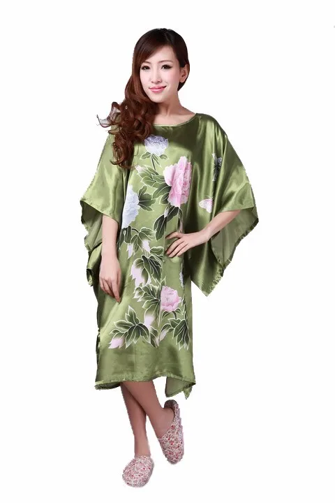 Синего цвета с изображением китайских для женщин шелковый халат ночная рубашка