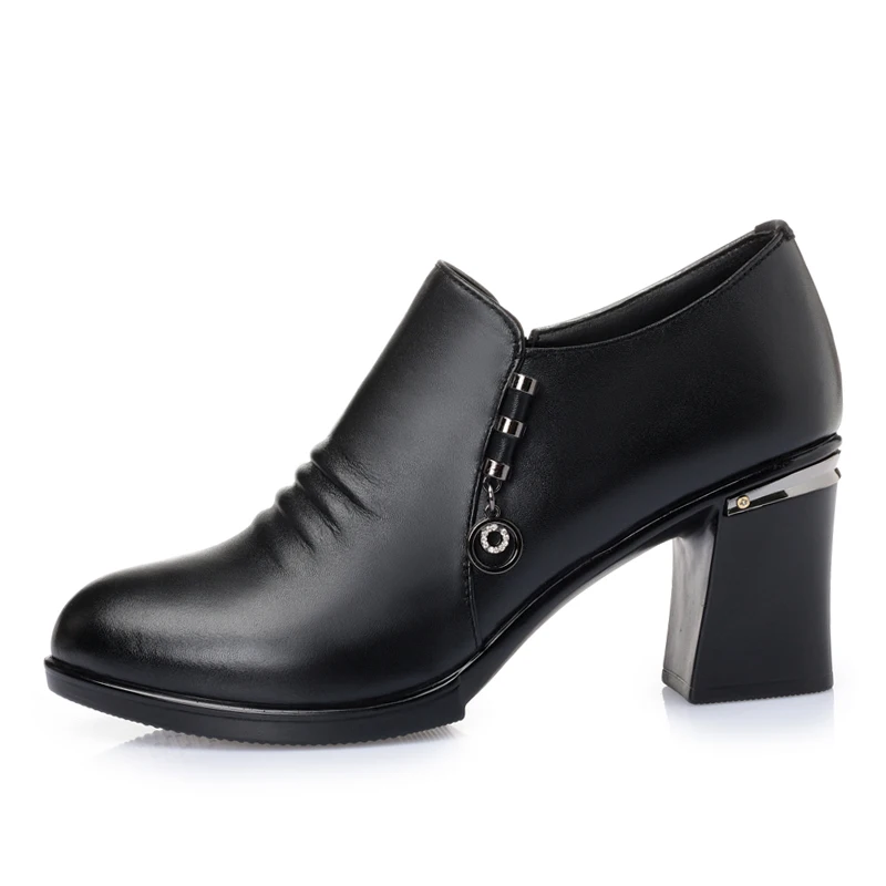 

TIMETANG Women's Genuine Leather Thick High Heels New High Quality Shoes Classic Black Pumps Shoes for Office Ladies Shoes