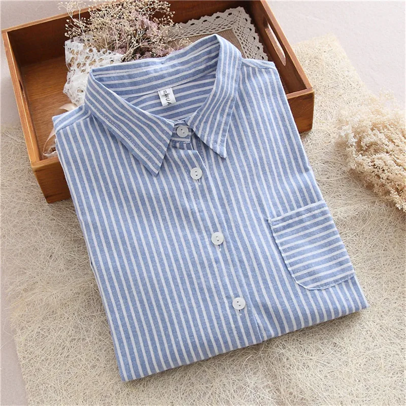 QIHUANG New Women Striped Shirts Blouses Work Shirt Loose Tops Female Long Sleeve Vintage Ladies Clothing |