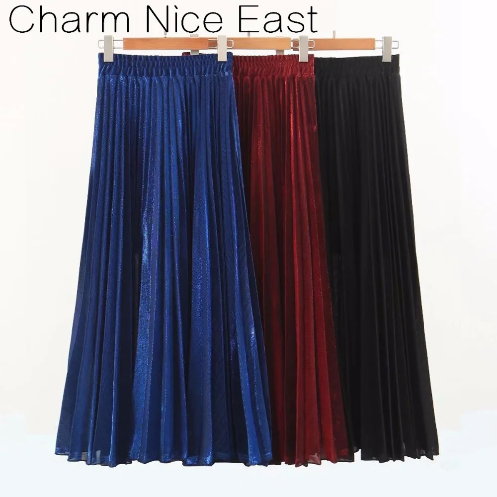 Золотой проволоки плиссированная юбка 2018 Новый осень зима средней длины тонкий