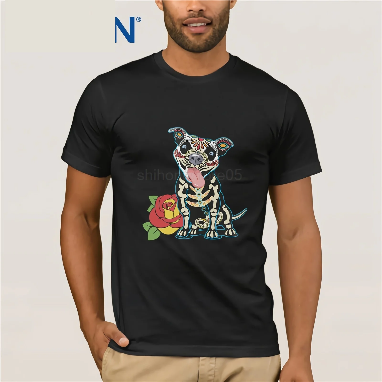 Day of The Dead Pitbull Tshirt T-shirt t shirts Short Casual Cotton O-Neck Broadcloth | Мужская одежда