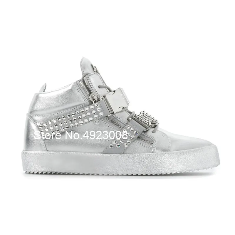 

Leather White Sneakers Women Buckle Strap Silver Shoes Women Zipper Crystal Casual Shoes Woman Spring High Top Shoes For Girls
