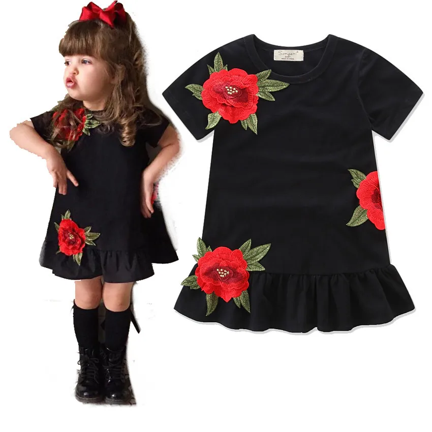 Детское платье с цветочным принтом для девочек Черное вечернее коротким рукавом