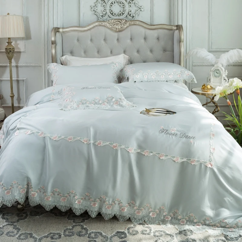 

luxury blue Princess 120S Egyptian cotton Embroidery Bedding sets Queen King Lace Duvet cover Bed sheet set Pillowcases 4/6pcs
