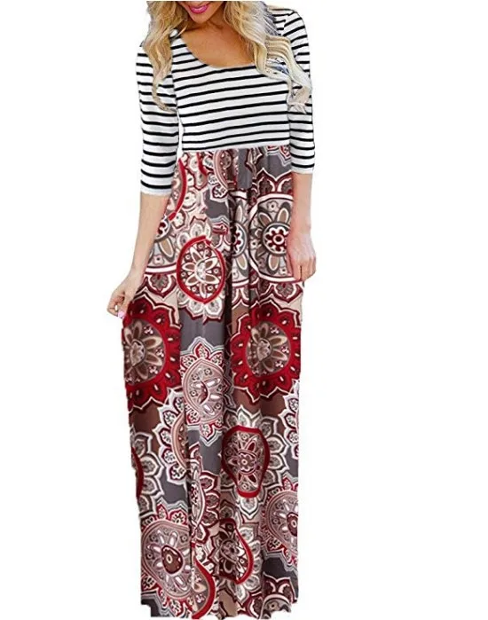 

new fashion Bohemian striped patchwork print floral ankle length woman dresses elegant long sleeve o-neck woman dresses