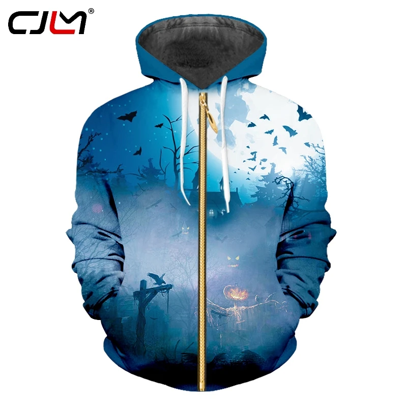 

CJLM Halloween Gothic Hot Sale Man Zip Hoodies 3D Pumpkin Printed Scarecrow Men's Blue Zipper Coat Direct Selling