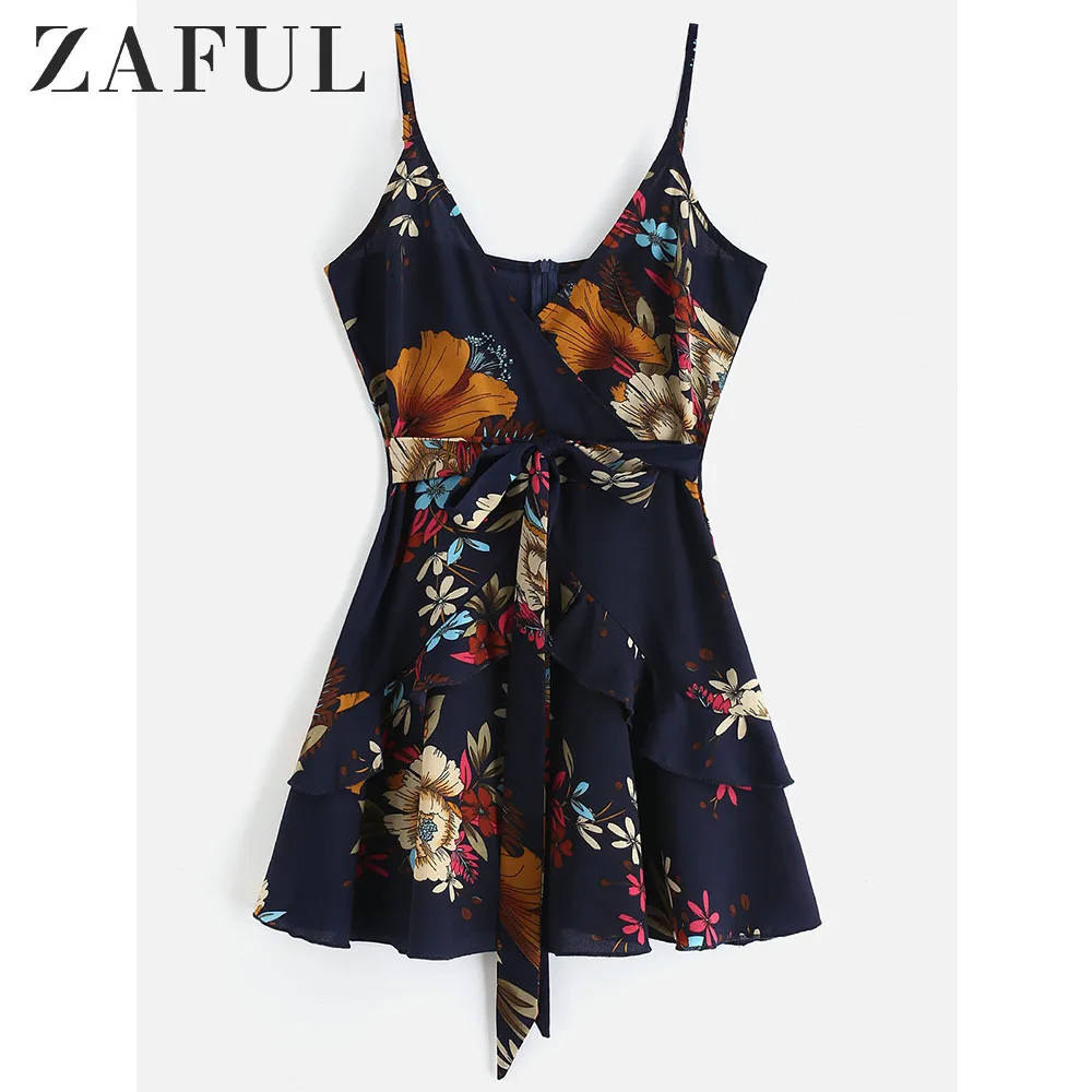 ZAFUL Цветочное Оборочное Узловатое Мини Платье Спагетти Ремень Line Оборками